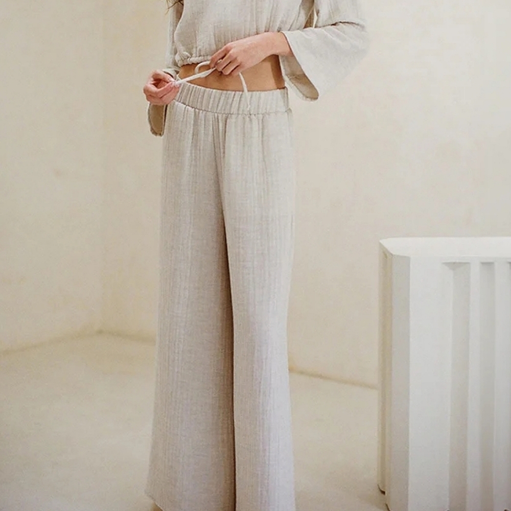 a.ren 100% guazy cotton Wide Leg Pull On Pants Elastic Waist Comfy Lounge Light